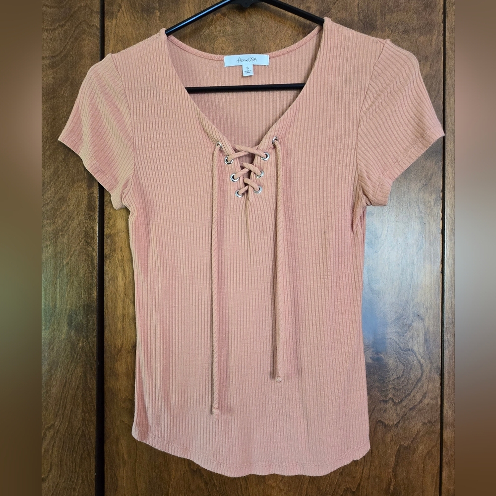 Active USA Peach Shoestring Ribbed Top